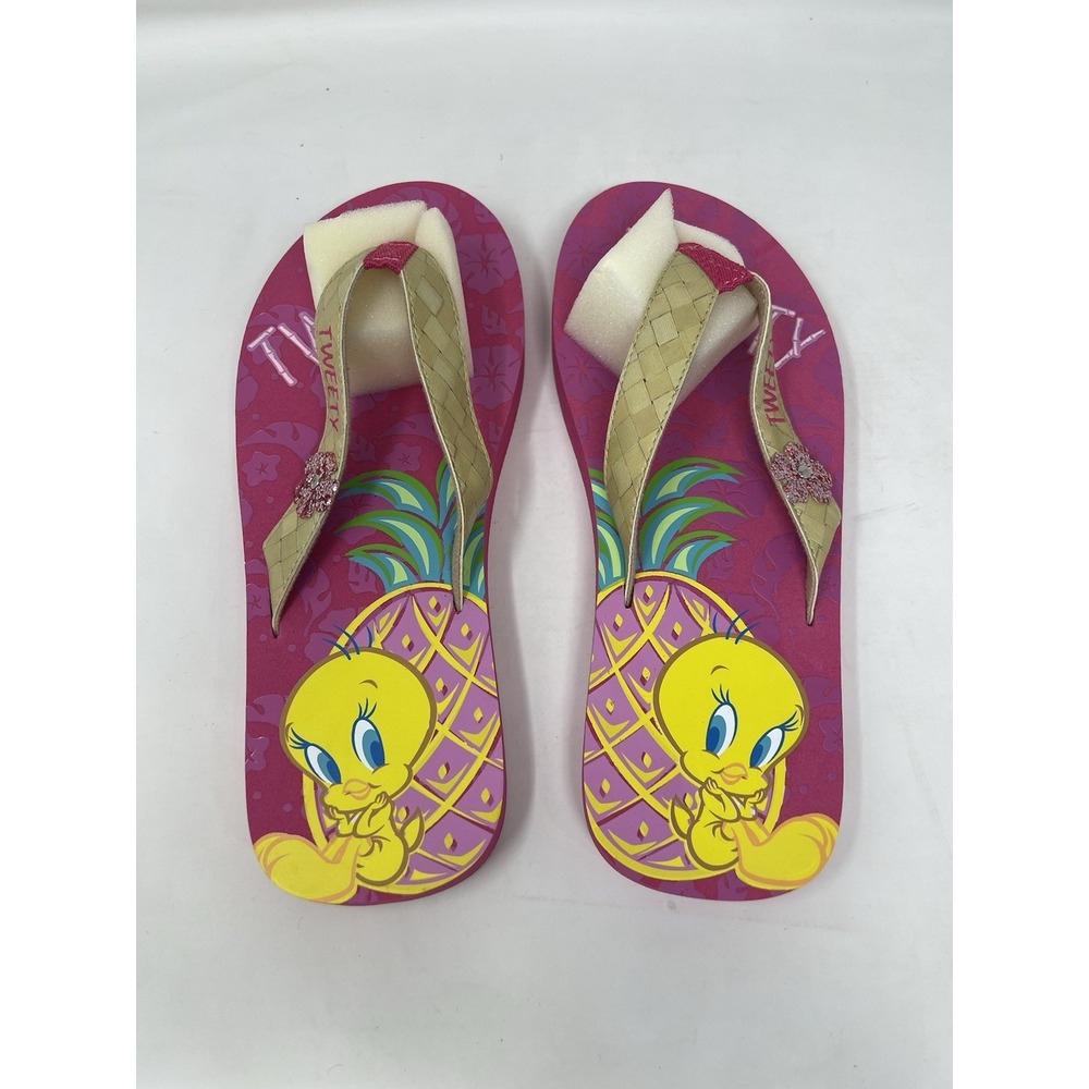 Tweety Bird Women's Flip Flops Pink Tropical Sandals Size M 7-8 Looney Tunes